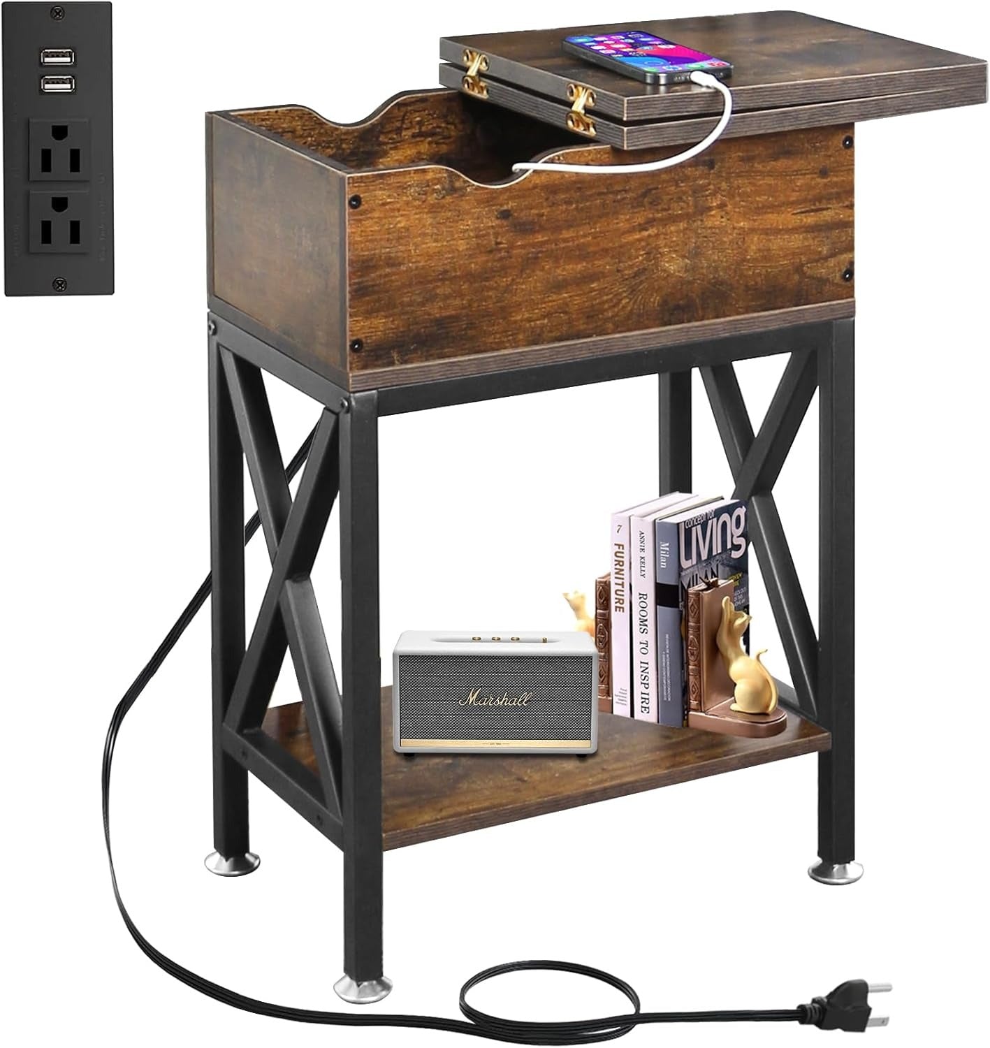 Home Collection Rustic Brown End Table with Charging Station