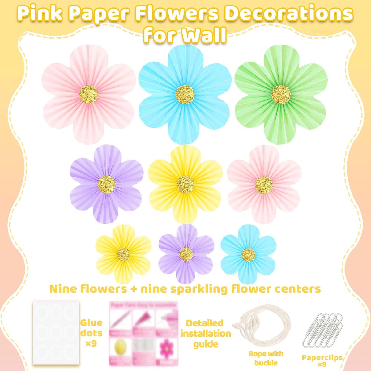 Home Collection Pastel Paper Flower Party Decorations with Gold Glitter Centers