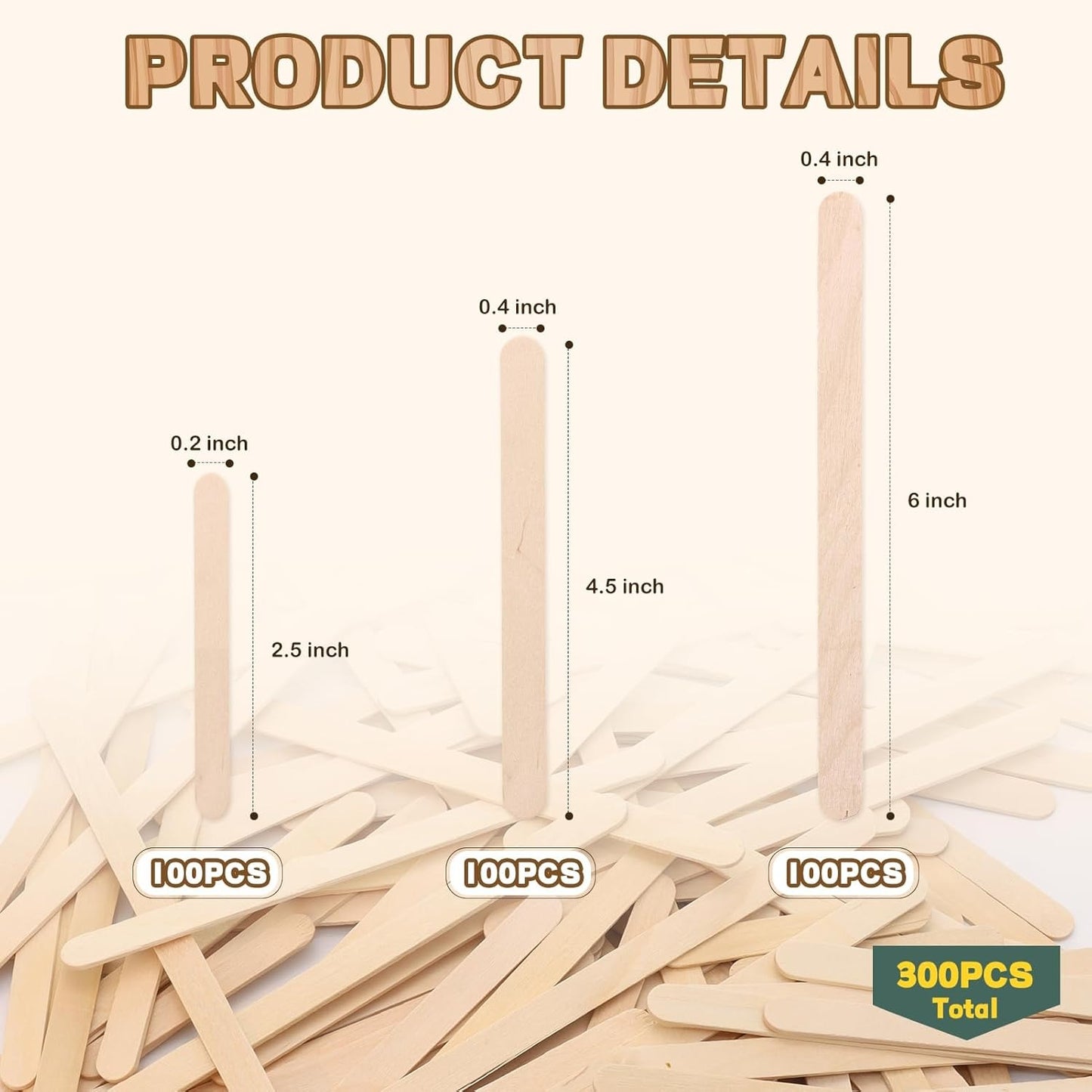 Home Collection 300Pcs Natural Wood Craft Sticks 3 Sizes