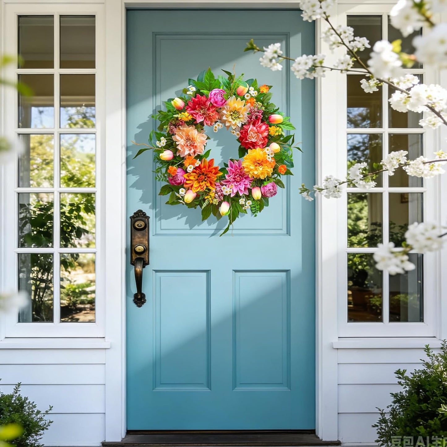 Home Collection Spring and Summer Wreath with Dahlia and Greenery for Front Door 24 Inch
