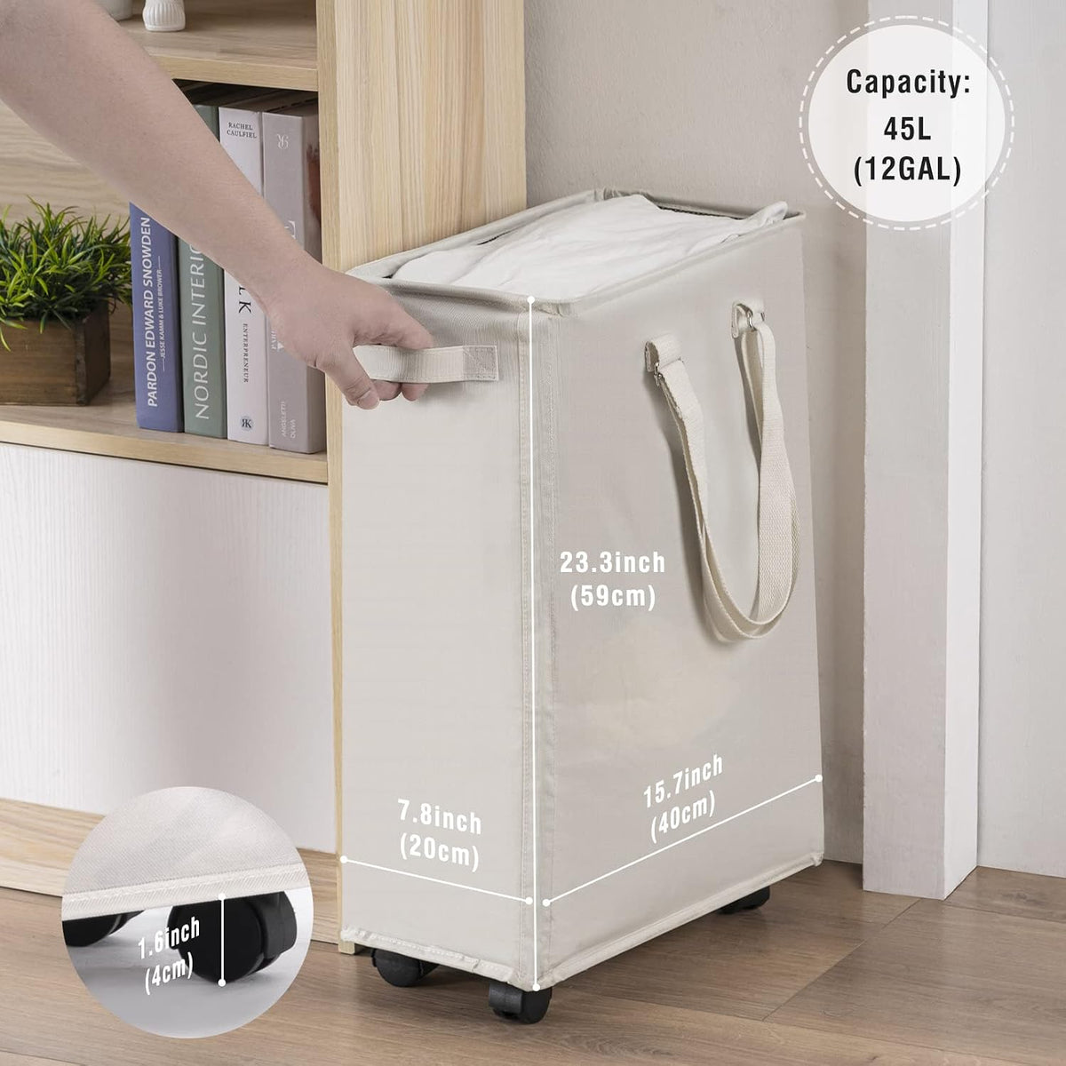 Home Collection 45L Slim Rolling Laundry Hamper with Wheels and Adjustable Handles