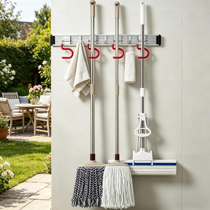 Home Collection Stainless Steel Wall Mounted Mop & Broom Holder Rack