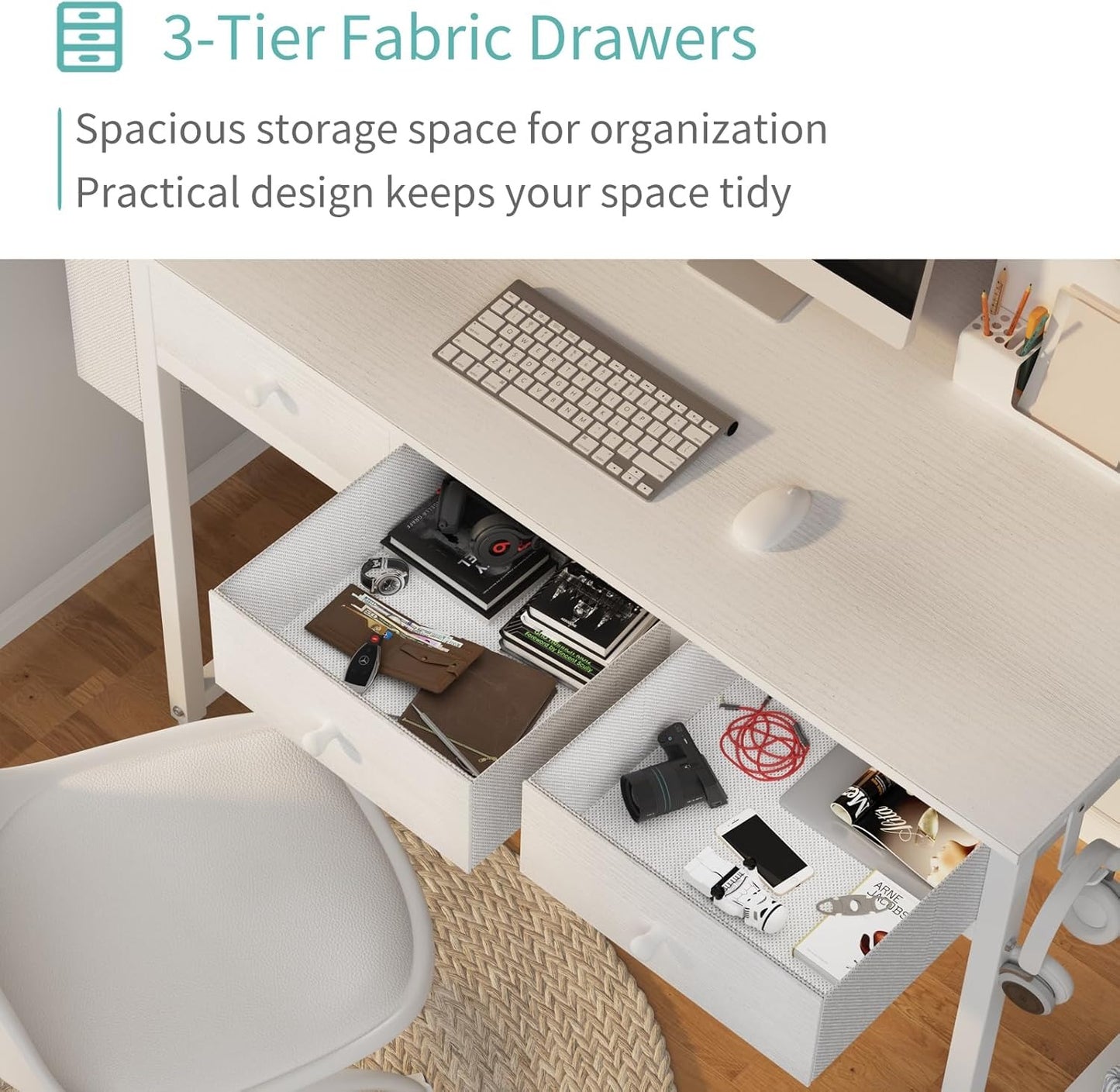 Home Collection Small White Computer Desk with Fabric Drawers 40"