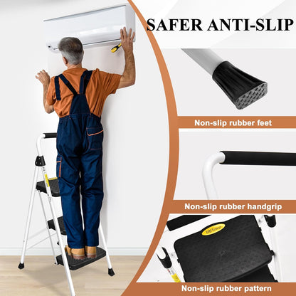 Home Collection 3-Step Folding Iron Ladder with Short Handrail Black & White