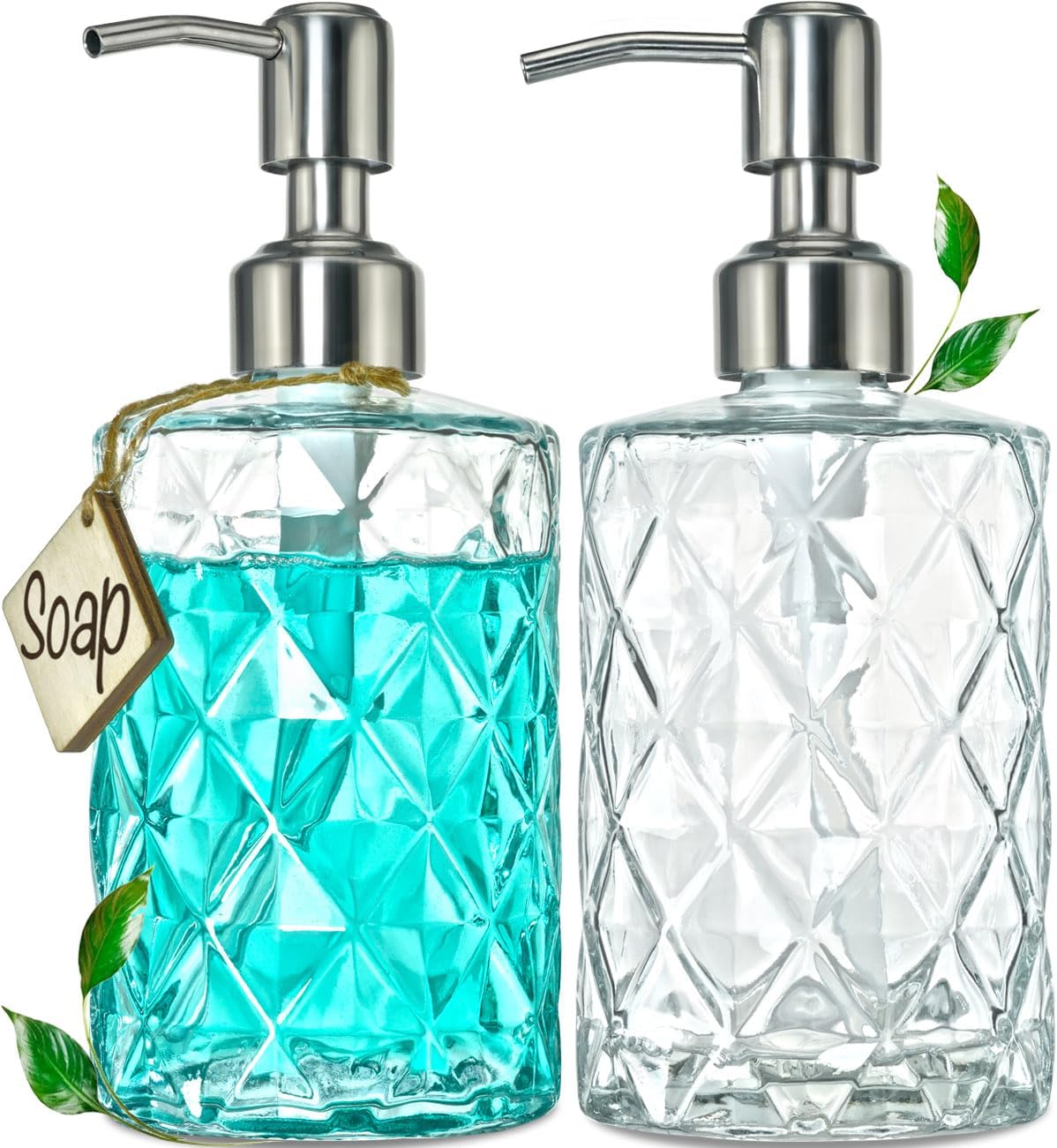 Home Collection 2-Pack 12 oz Diamond Embossed Glass Soap Dispenser with Stainless Steel Pump