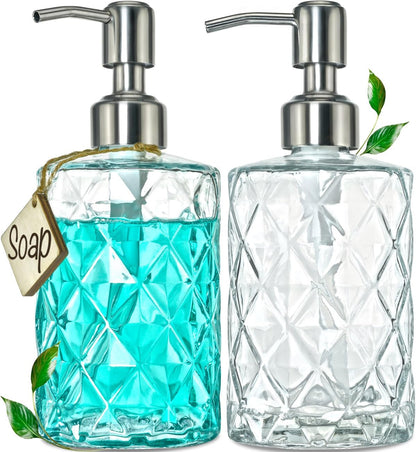 Home Collection 2-Pack 12 oz Diamond Embossed Glass Soap Dispenser with Stainless Steel Pump