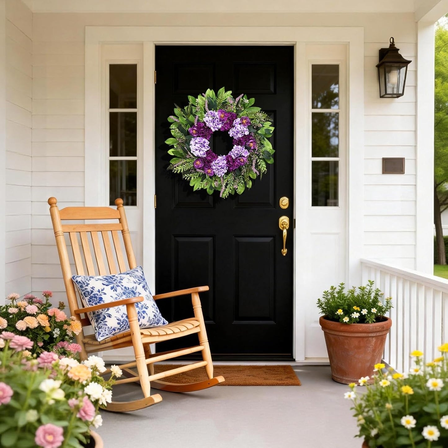 Home Collection Summer Wreath for Front Door with Purple Hydrangea and Ranunculus 24 Inch