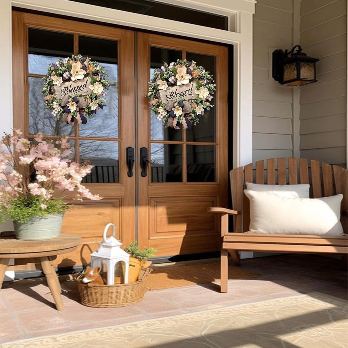 Home Collection Spring Summer Farmhouse Front Door Wreath with White Flowers & Buffalo Plaid Bow