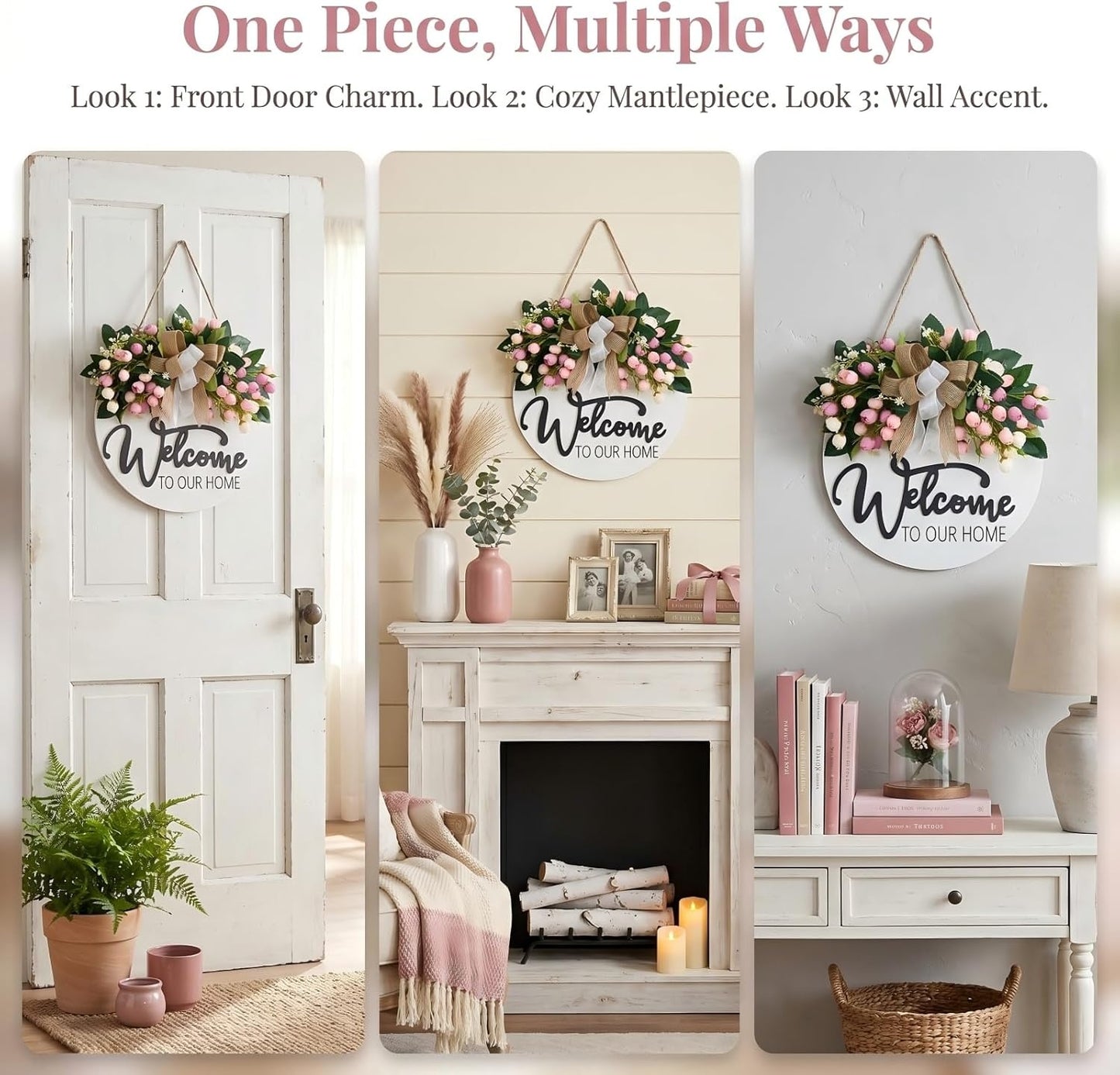 Home Collection 3D Welcome Wreath Door Hanger with Pink Flowers and Farmhouse Sign 13 Inch