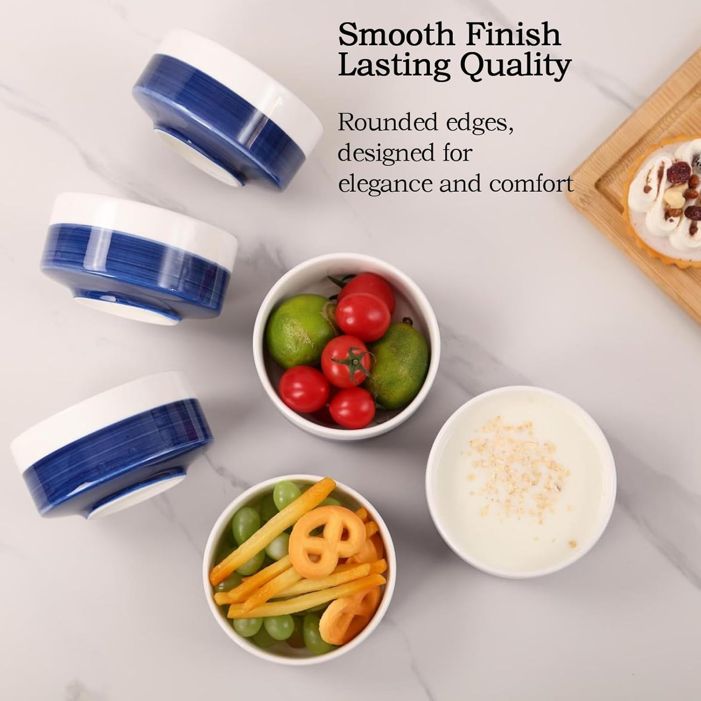 Home Collection Set of 4 10oz White & Blue Ceramic Bowls