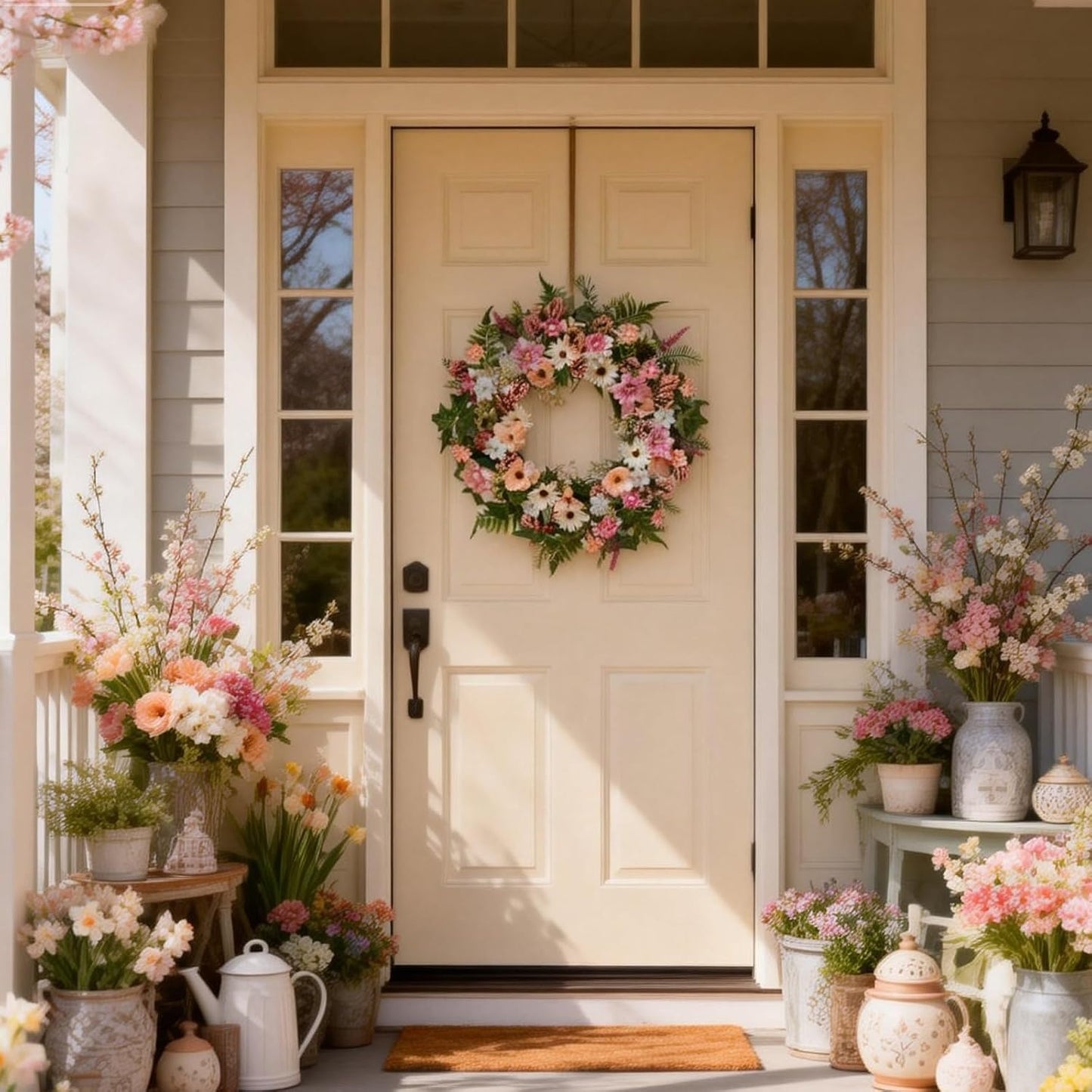 Home Collection Spring Daisy Wreath with Pink Wild Flowers and Green Fern Leaves 22 Inch
