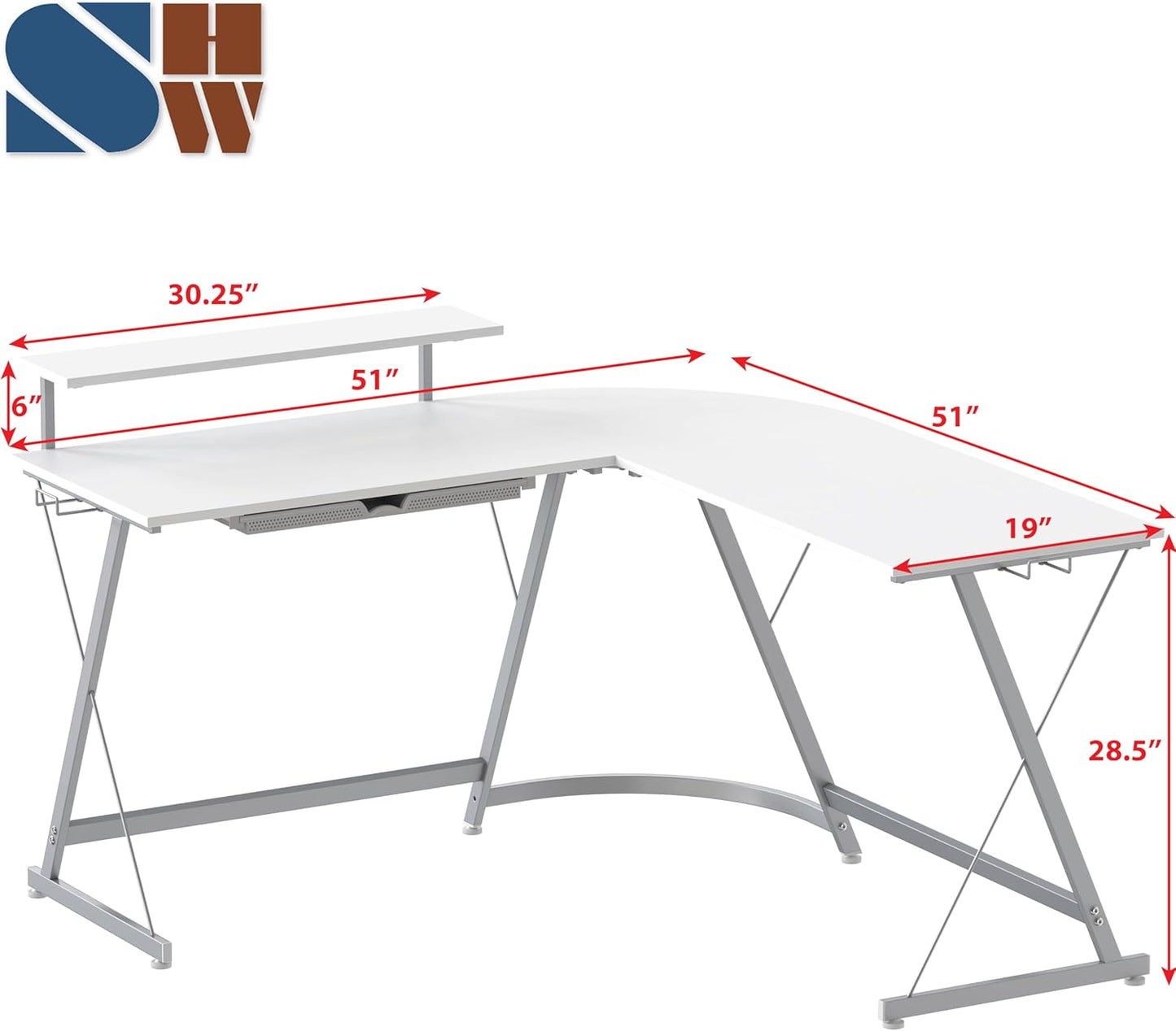 Home Collection Modern L-Shaped Gaming Desk with monitor Stand and Drawer