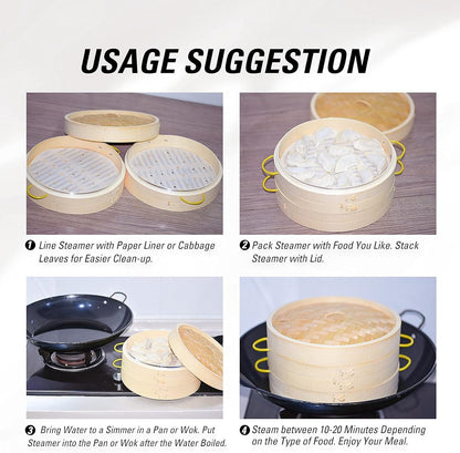 Home Collection 2-Tier Bamboo Steamer Basket Set of 10"
