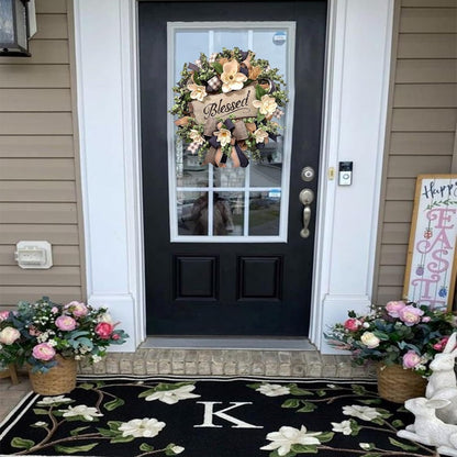Home Collection Spring Summer Farmhouse Front Door Wreath with White Flowers & Buffalo Plaid Bow