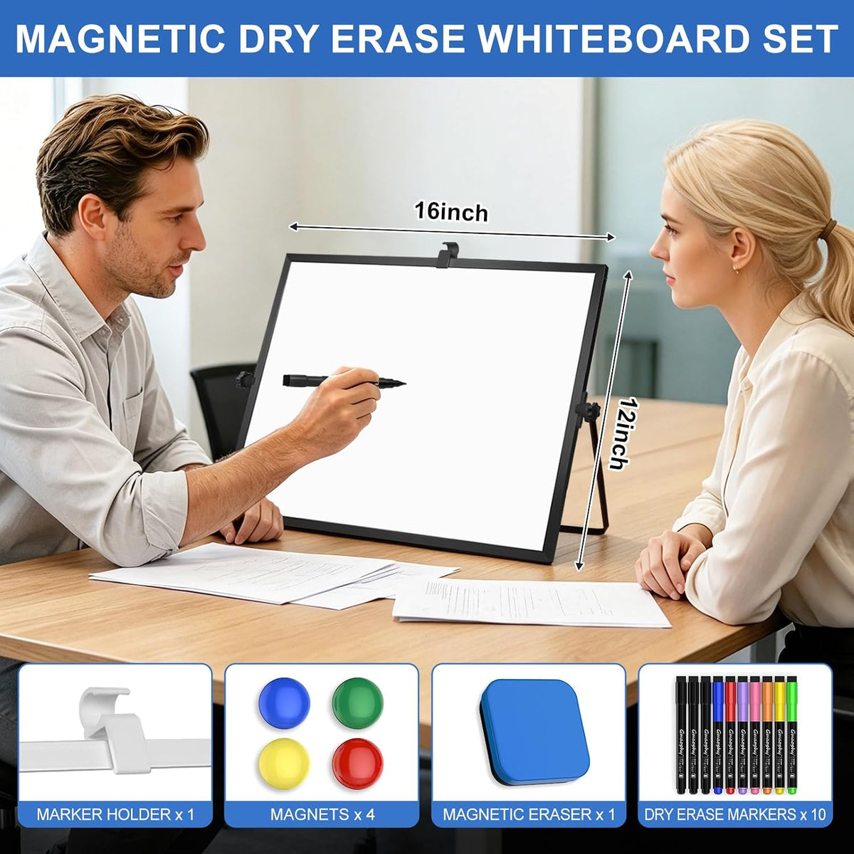 Home Collection 16" x 12" Double-Sided Magnetic Dry Erase White Board with Stand and Accessories