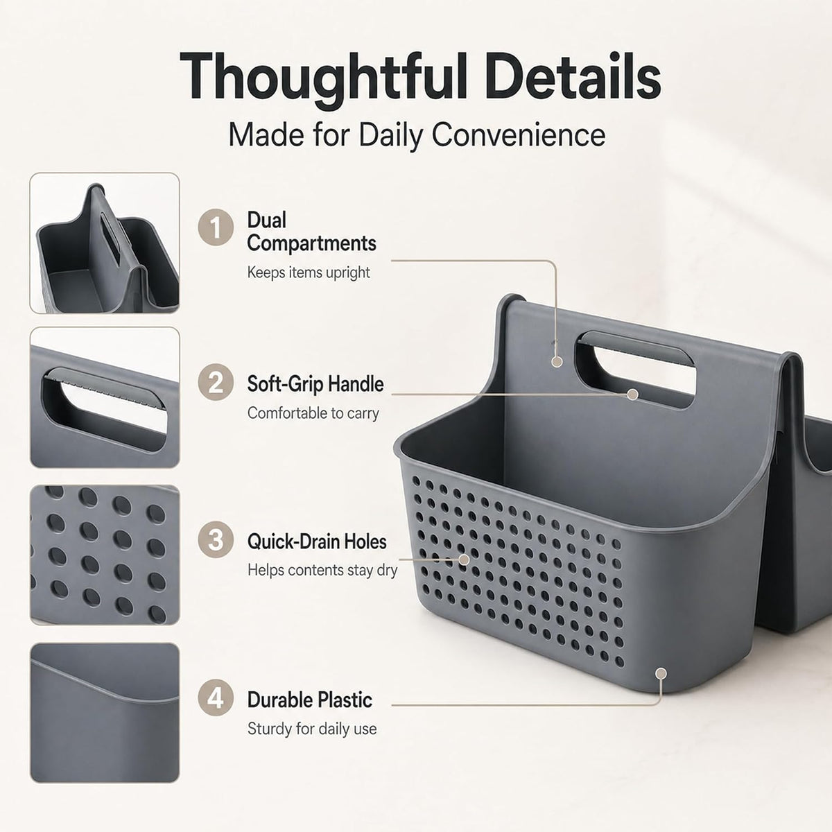 Home Collection Portable 2-Compartment Plastic Shower Caddy Basket with Handle