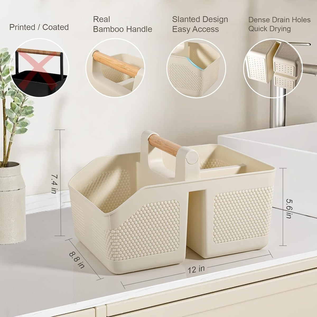 Home Collection Portable Plastic Shower Caddy Basket with Bamboo Handle