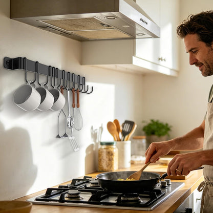 Home Collection Wall Mount Kitchen Pot and Pan Hanging Rail Rack with 10 S-Hooks