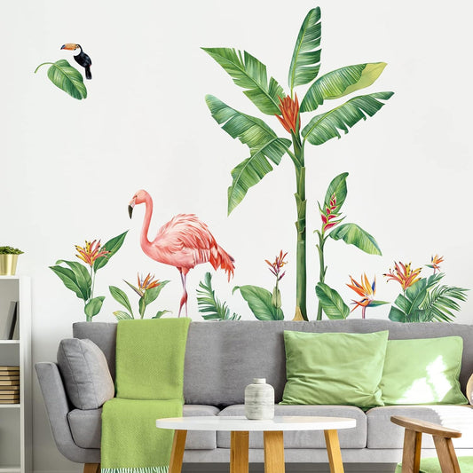 Home Collection Pink Flamingo and Green Plant Wall Stickers