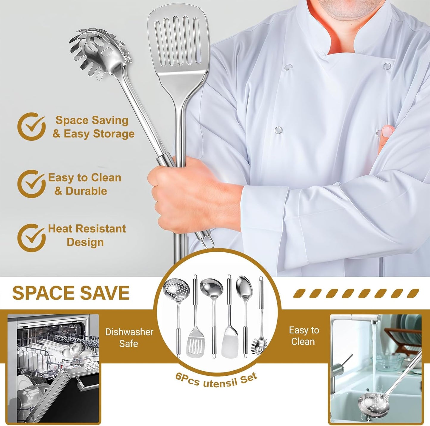 Home Collection 6 Piece Stainless Steel Cooking Utensil Set Heat Resistant Tools