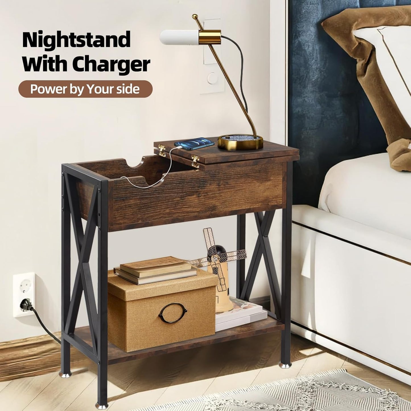 Home Collection Rustic Brown End Table with Charging Station