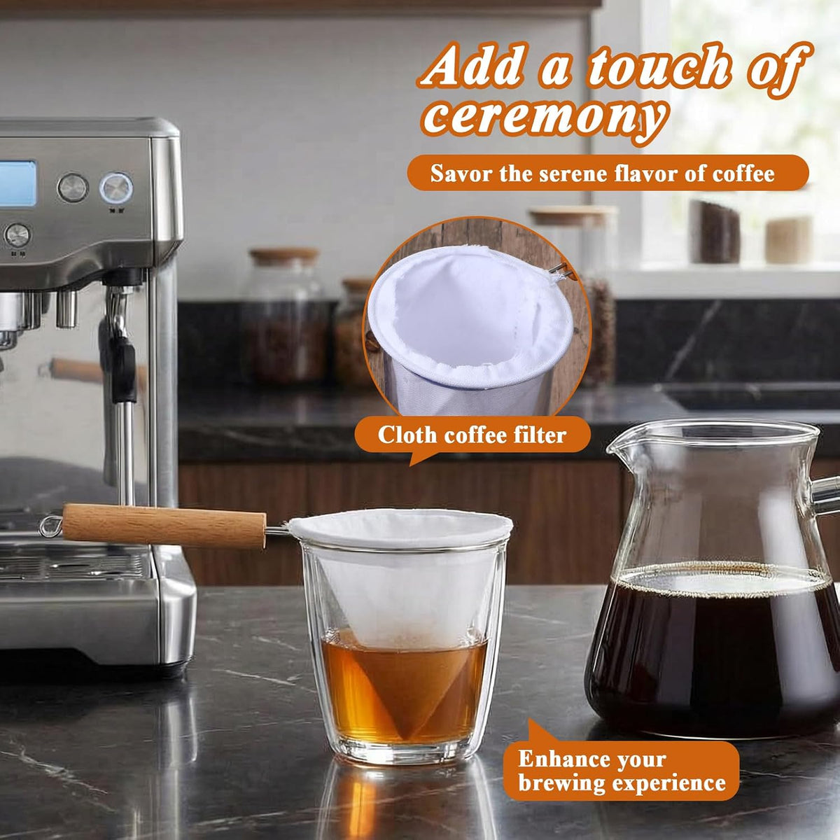 Home Collection Pack of 2 Reusable Cloth Coffee andTea Strainer with Wood Handle