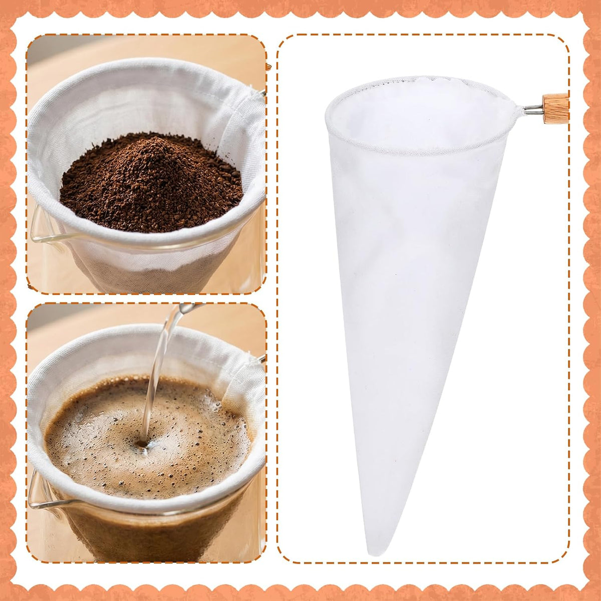 Home Collection Pack of 2 Reusable Cloth Coffee andTea Strainer with Wood Handle