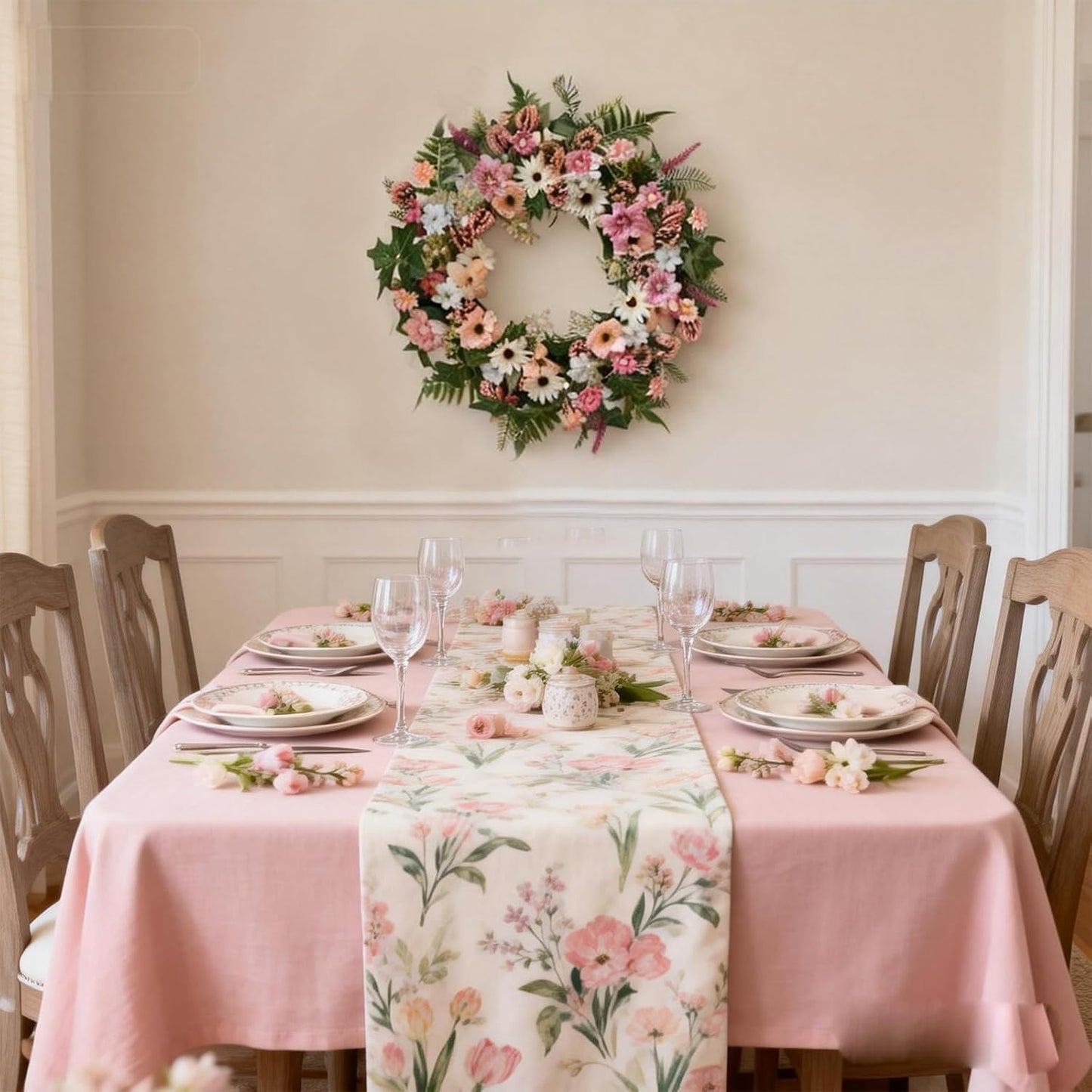 Home Collection Spring Daisy Wreath with Pink Wild Flowers and Green Fern Leaves 22 Inch