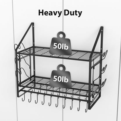 Home Collection 2Tier Wall Mounted Pot Rack with Hooks and Pot Lid Holders