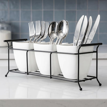 Home Collection 3-Piece Ceramic Flatware Caddy with Metal Rack