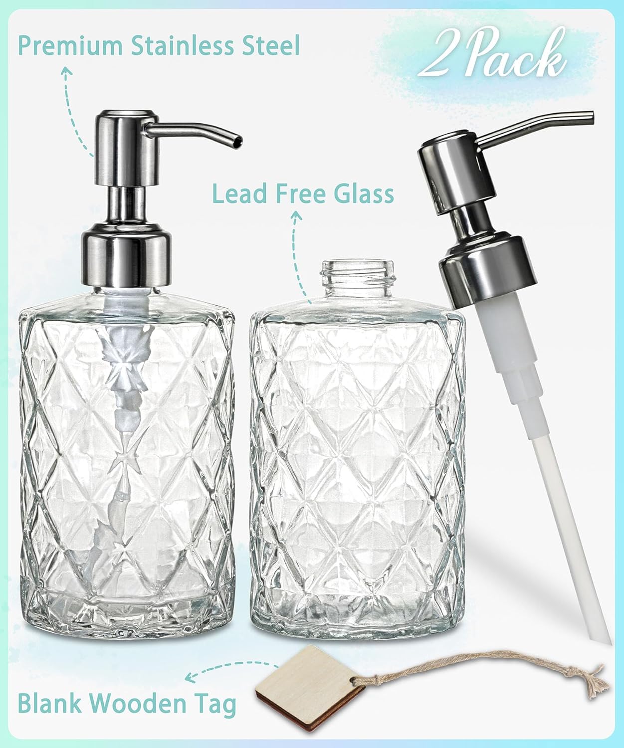 Home Collection 2-Pack 12 oz Diamond Embossed Glass Soap Dispenser with Stainless Steel Pump