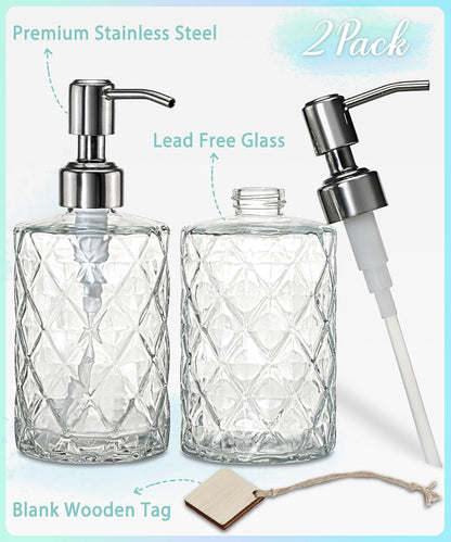 Home Collection 2-Pack 12 oz Diamond Embossed Glass Soap Dispenser with Stainless Steel Pump