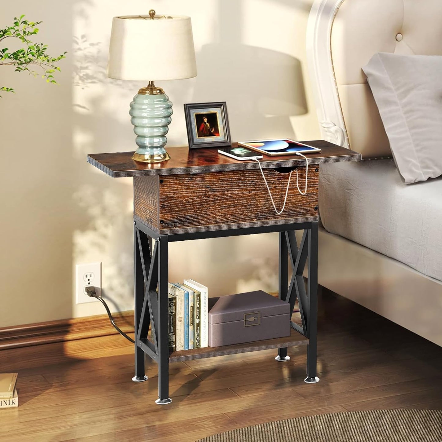 Home Collection Rustic Brown End Table with Charging Station