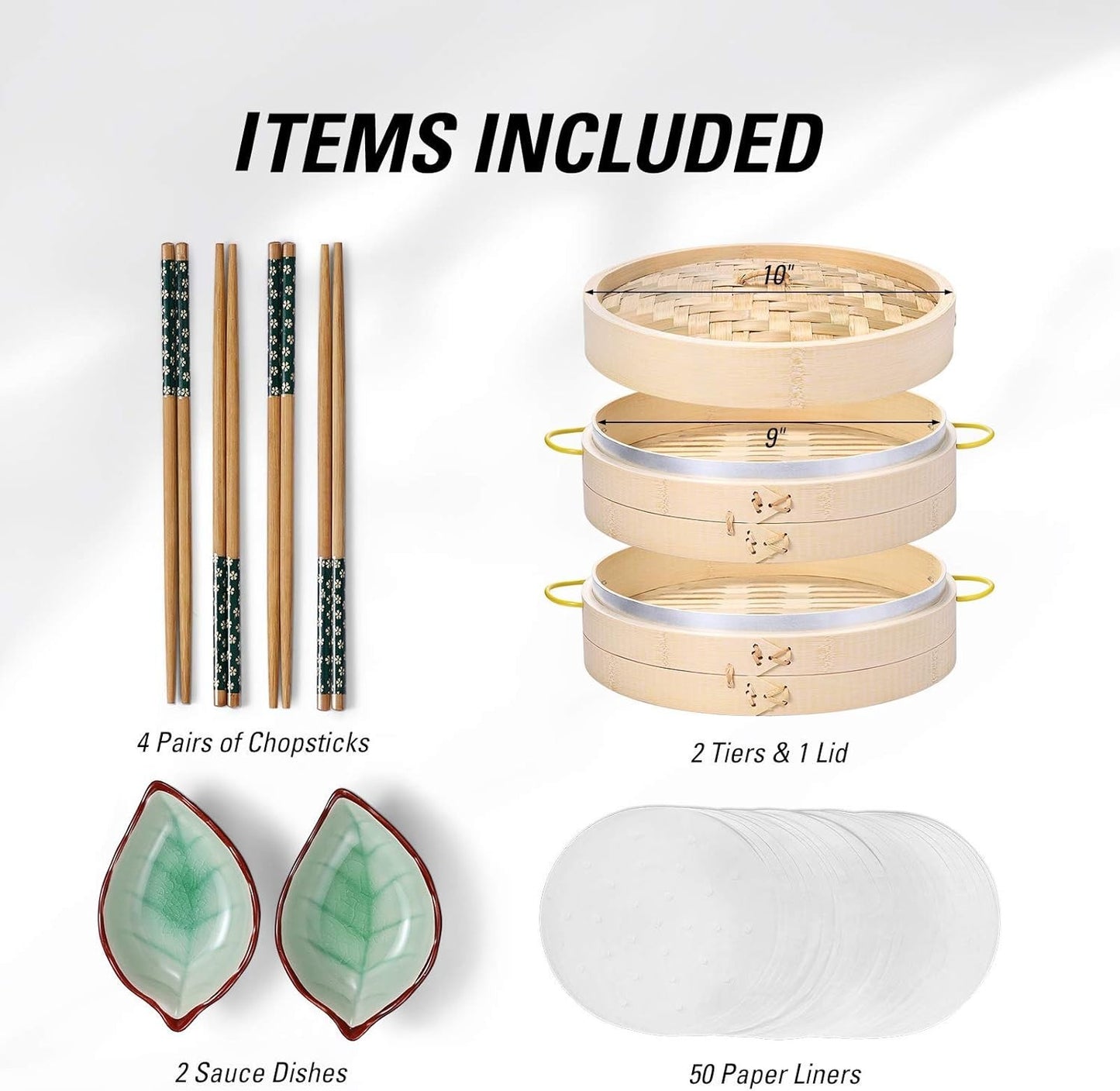Home Collection 2-Tier Bamboo Steamer Basket Set of 10"