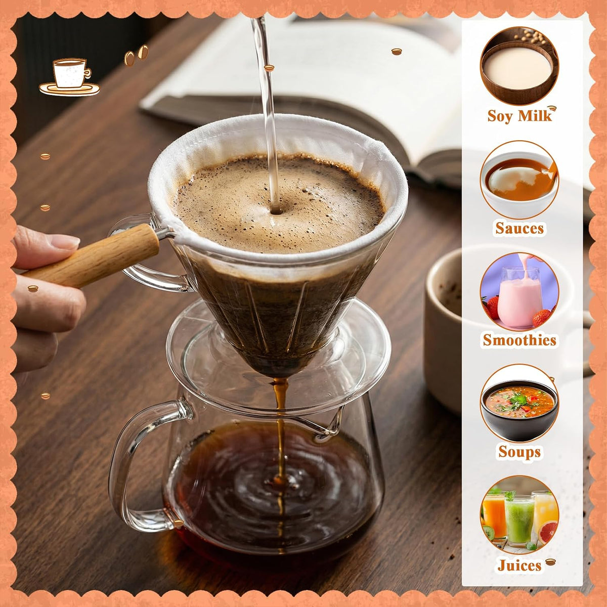 Home Collection Pack of 2 Reusable Cloth Coffee andTea Strainer with Wood Handle