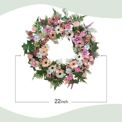 Home Collection Spring Daisy Wreath with Pink Wild Flowers and Green Fern Leaves 22 Inch