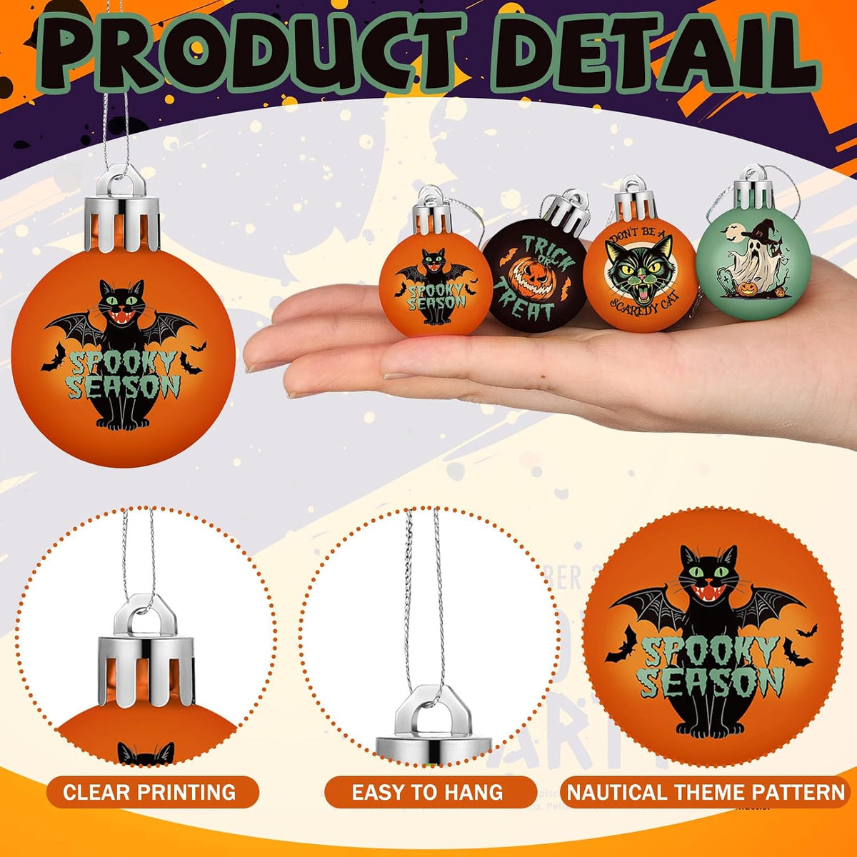 Home Collection Pack of 40 Mini Halloween Ball Ornaments Gothic Hanging Tree Decorations with Pumpkin Ghost Bat and Witch Designs 1.2 Inch