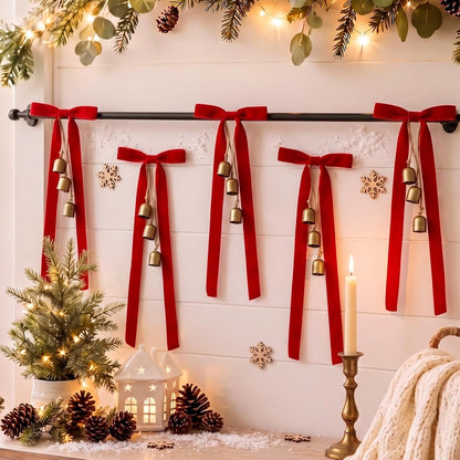 Home Collection Pack of 6 Rustic Christmas Cow Bells with Velvet Bows, 19.7 Inch Hanging Holiday Decor