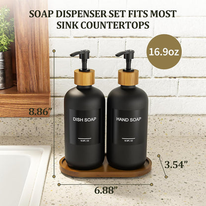 Home Collection Pack of 2 Soap and Lotion Dispenser Set with Wooden Pumps and Tray