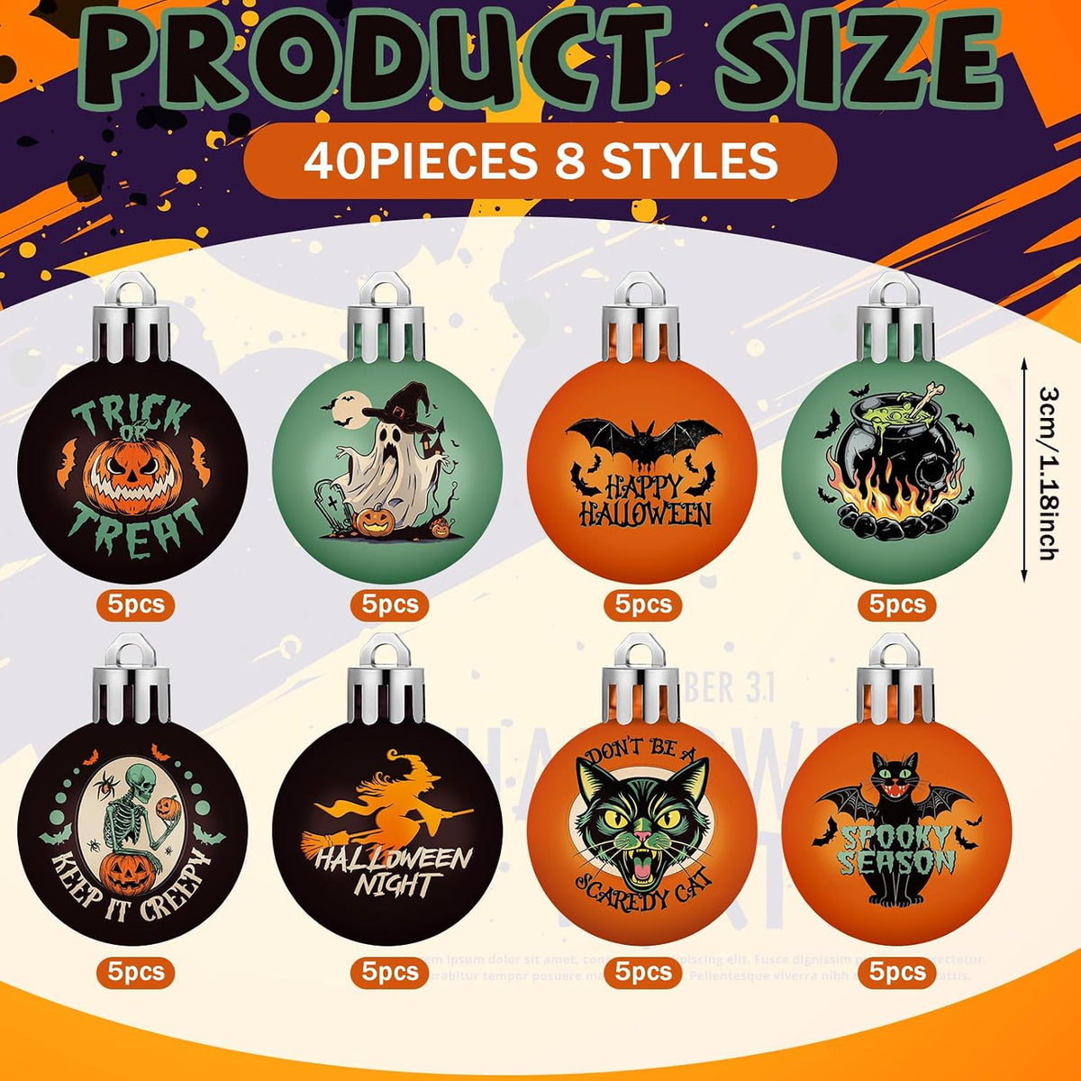 Home Collection Pack of 40 Mini Halloween Ball Ornaments Gothic Hanging Tree Decorations with Pumpkin Ghost Bat and Witch Designs 1.2 Inch