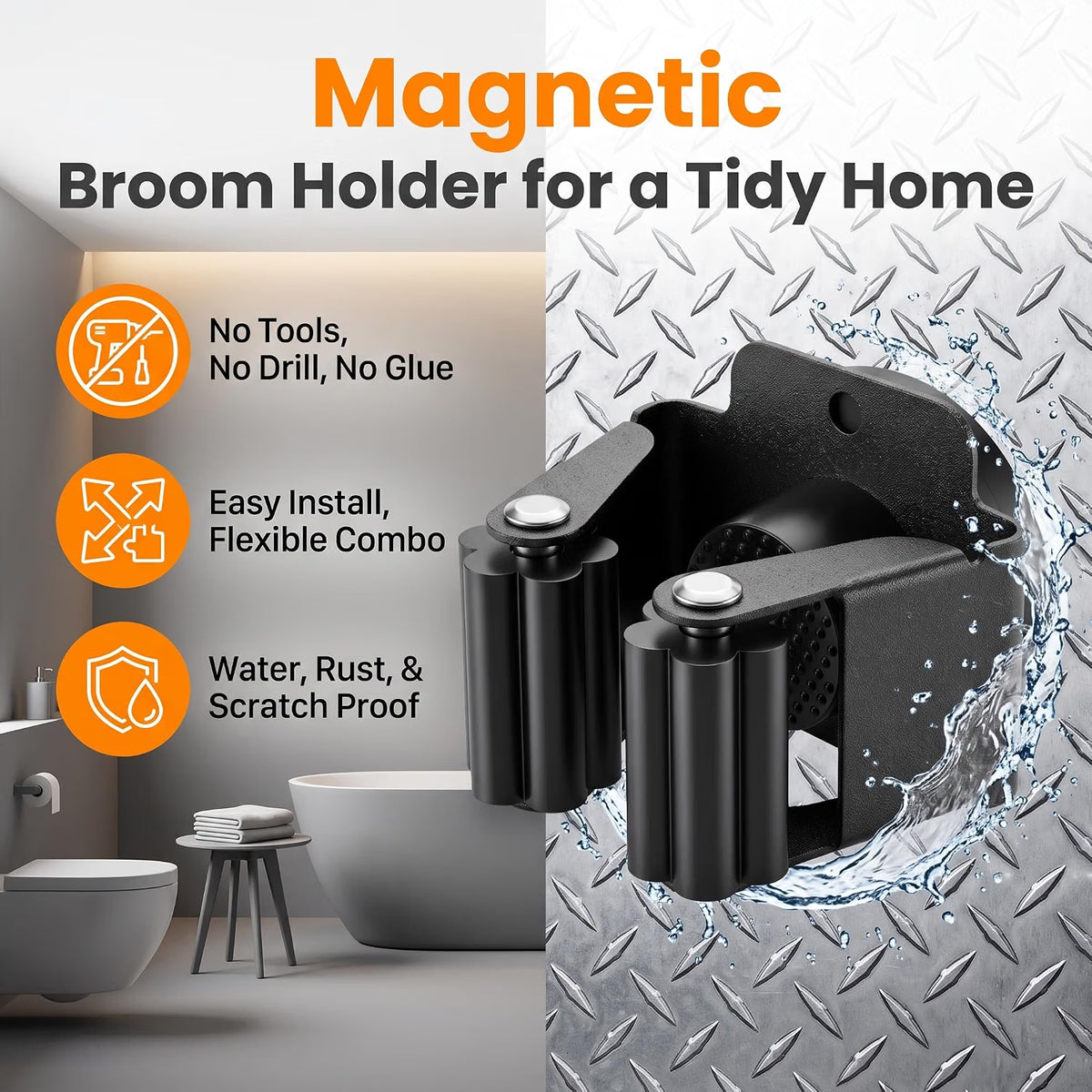 Home Collection Pack of 4 Black Magnetic Mop and Broom Holders with Anti-Slip Grips