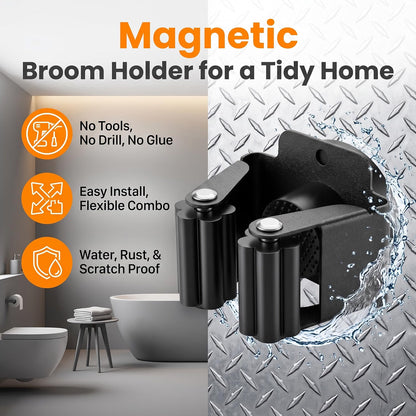 Home Collection Pack of 4 Black Magnetic Mop and Broom Holders with Anti-Slip Grips