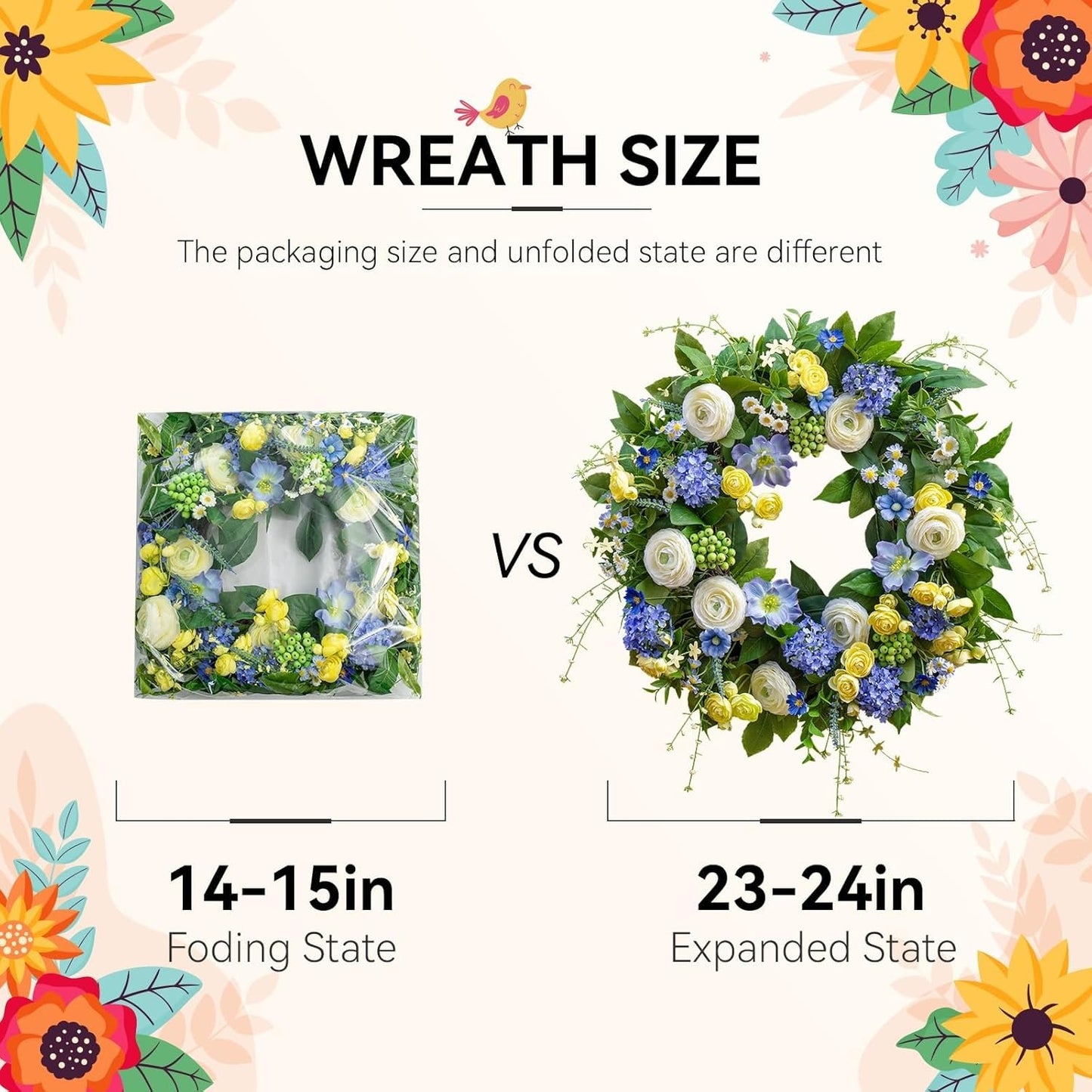 Home Collection Artificial Spring Wreath with Hydrangea Anemone Wild Daisy and Berry Accents 24 Inch