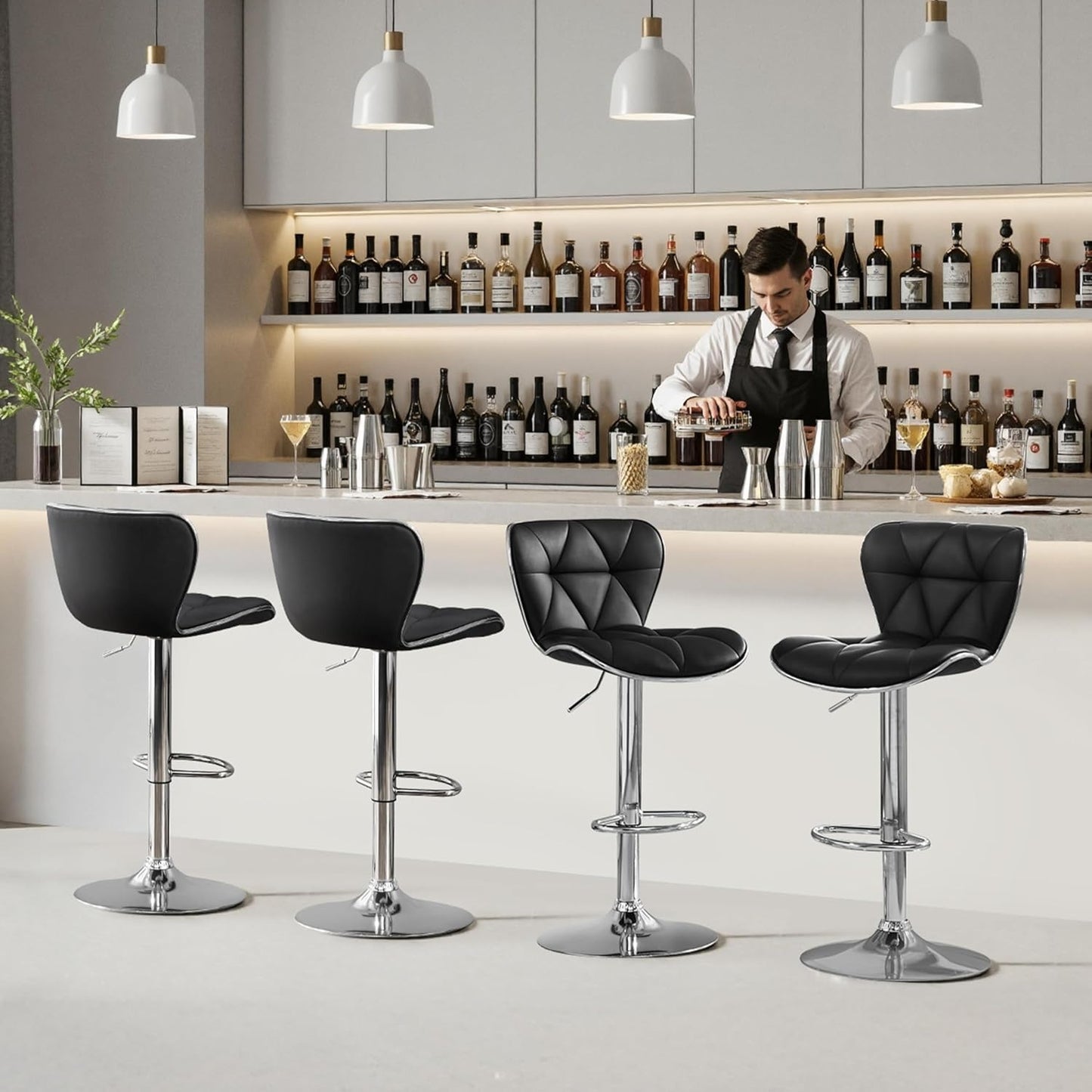 Home Collection PU Leather Adjustable Swivel Bar Stools Set of 4 Black