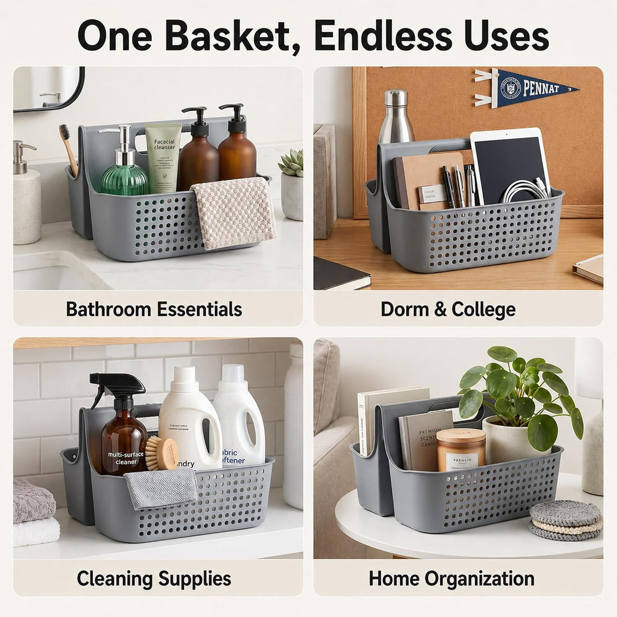 Home Collection Portable 2-Compartment Plastic Shower Caddy Basket with Handle