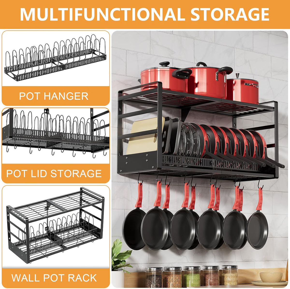 Home Collection 2Tier Wall Mounted Pot Rack with 20 Hooks and Lid Holder 31 Inch
