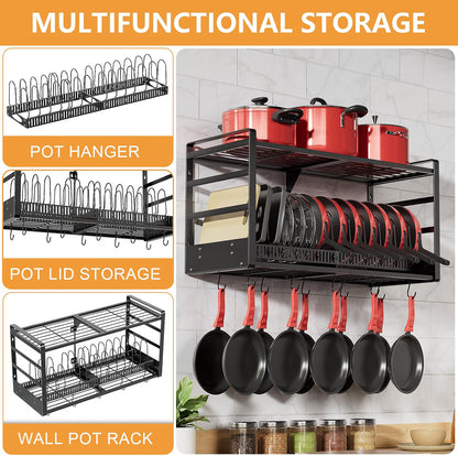 Home Collection 2Tier Wall Mounted Pot Rack with 20 Hooks and Lid Holder 31 Inch