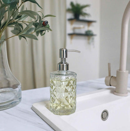 Home Collection 2-Pack 12 oz Diamond Embossed Glass Soap Dispenser with Stainless Steel Pump