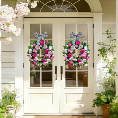 Home Collection Spring Wreath for Front Door with Pink White Peonies and Striped Bow 24 Inch