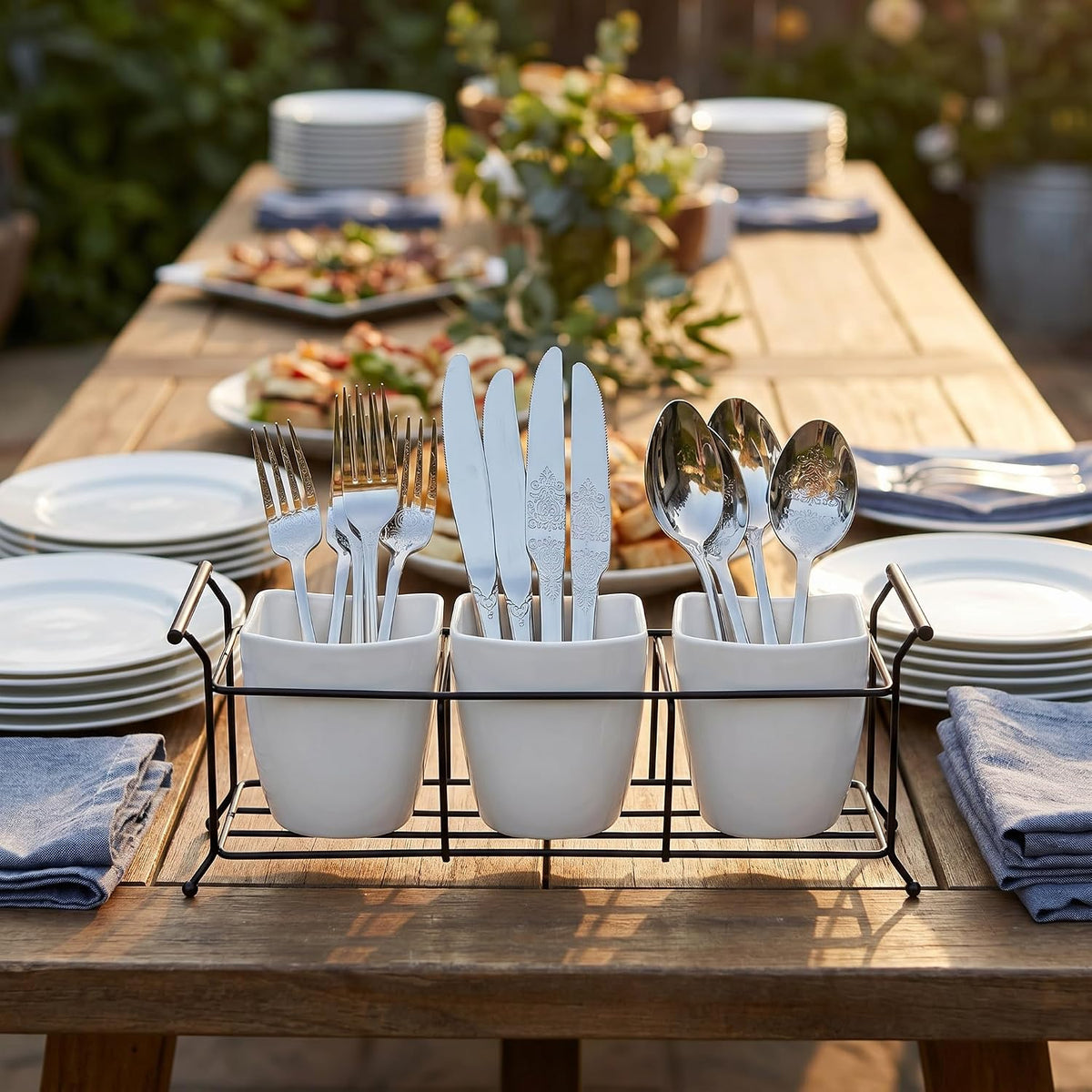 Home Collection 3-Piece Ceramic Flatware Caddy with Metal Rack